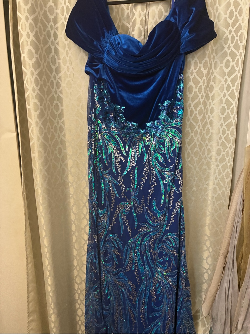 Royal Blue Sequin Evening Gown - Elegant Off-Shoulder Dress